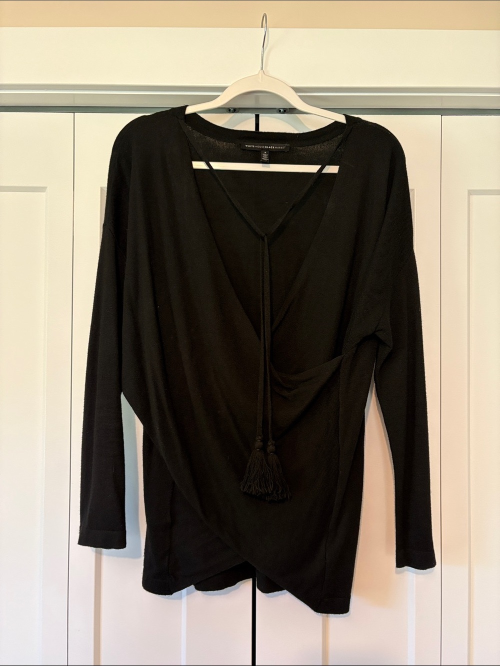 Black Draped Tassel Tie Long Sleeve Top